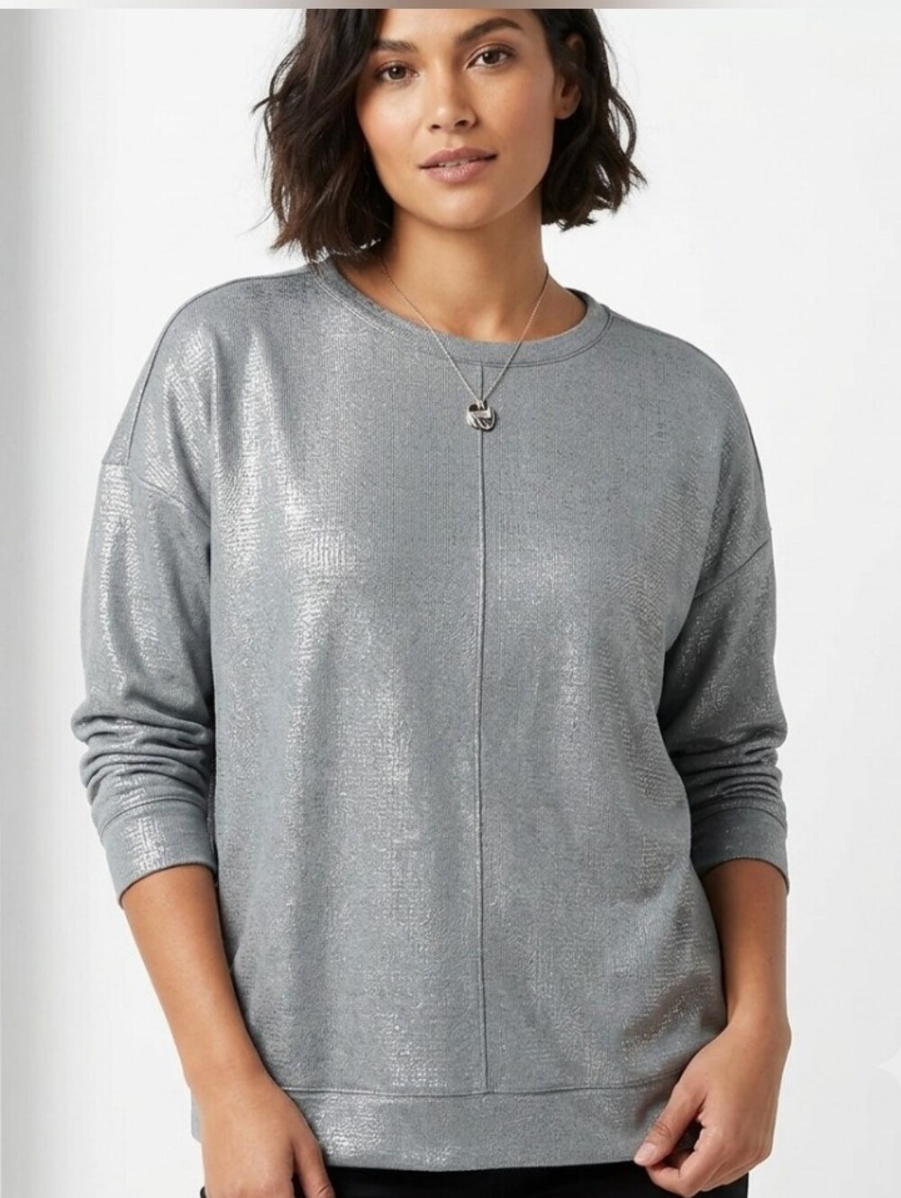 Peace Love World Metallic Boxy Sweatshirt Mint Green Silver 1X